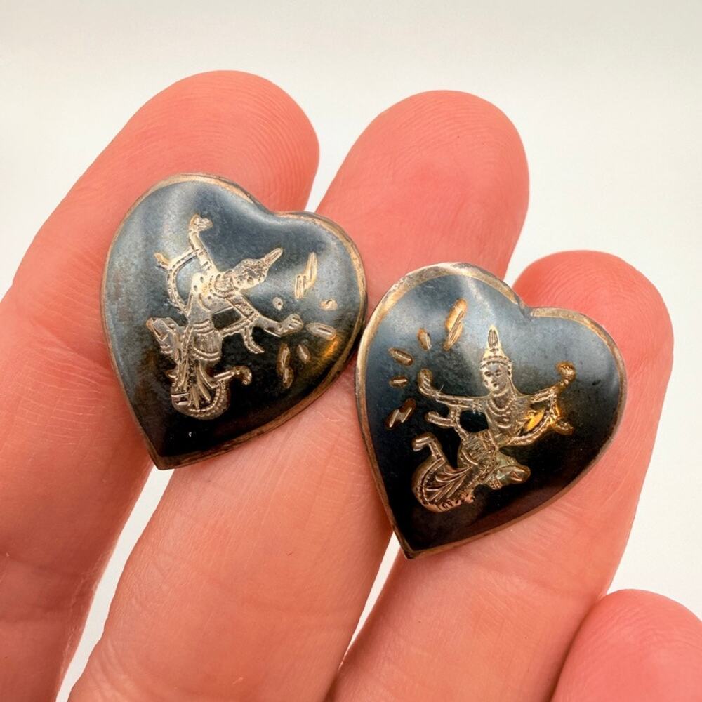 Vintage 925 Sterling Silver Heart Shaped Siam Damascene Earrings Screw Backs